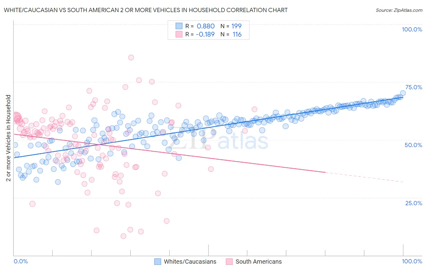 White/Caucasian vs South American 2 or more Vehicles in Household