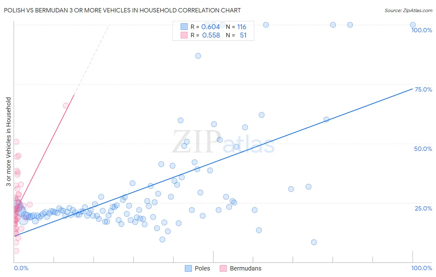 Polish vs Bermudan 3 or more Vehicles in Household