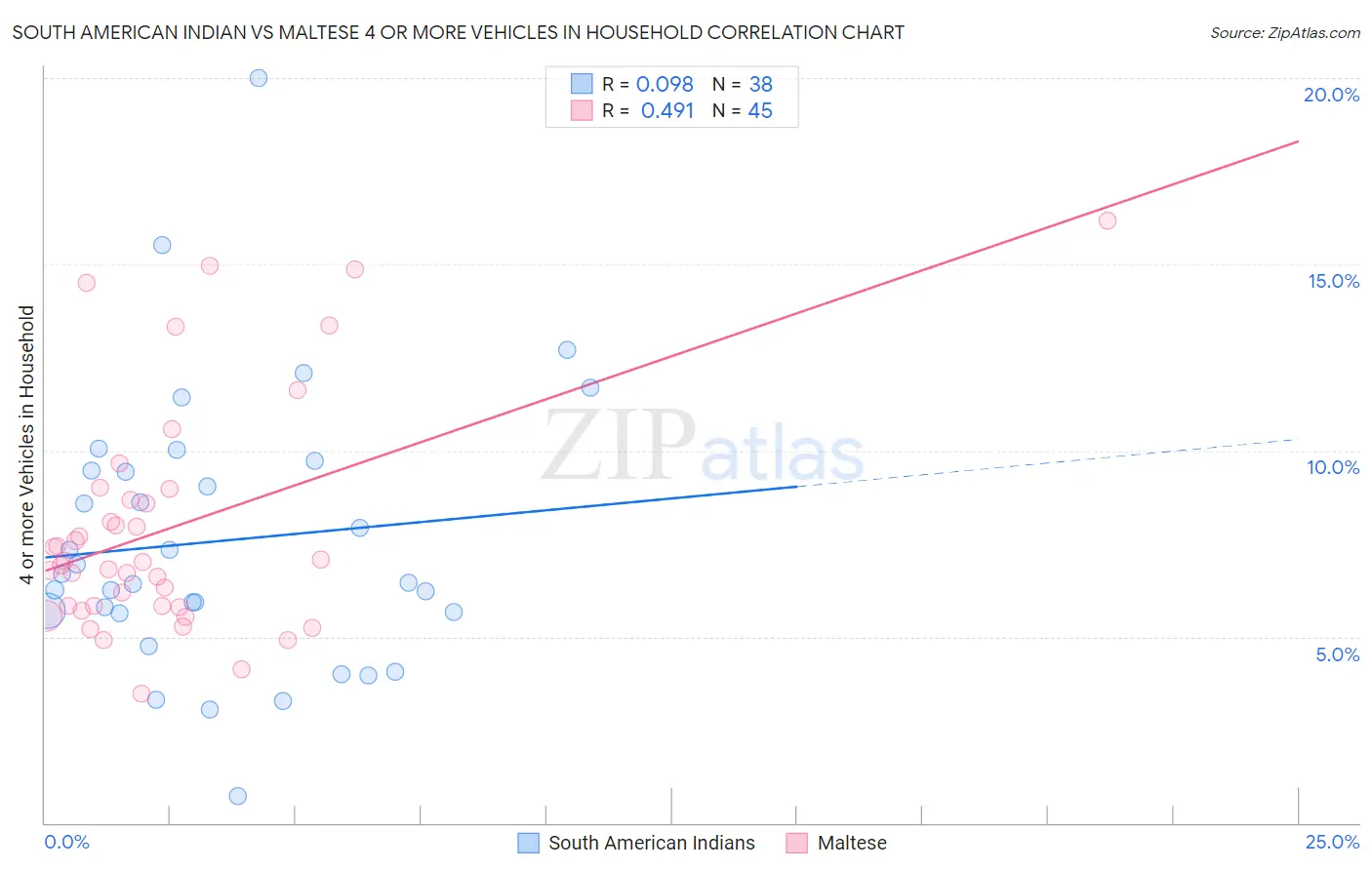 South American Indian vs Maltese 4 or more Vehicles in Household