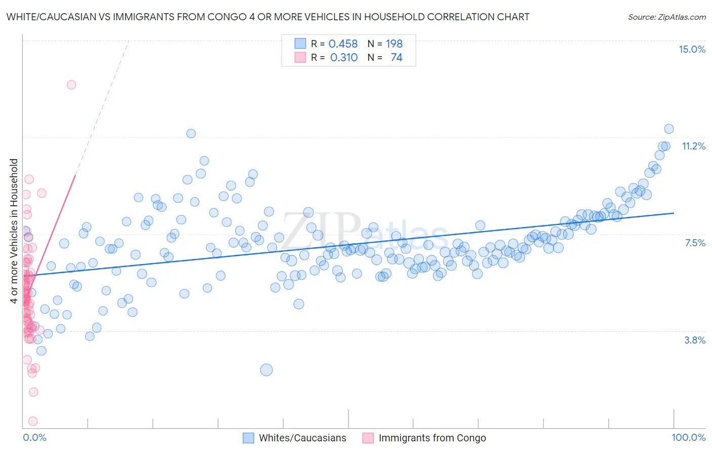 White/Caucasian vs Immigrants from Congo 4 or more Vehicles in Household