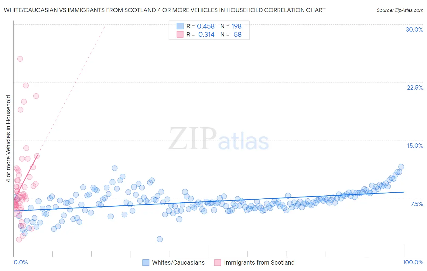 White/Caucasian vs Immigrants from Scotland 4 or more Vehicles in Household