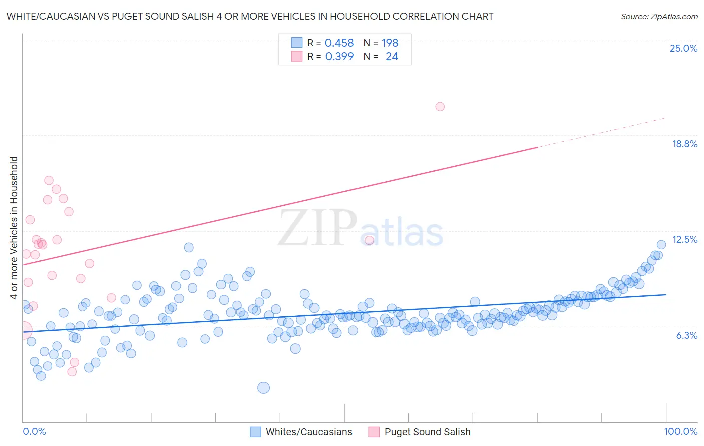 White/Caucasian vs Puget Sound Salish 4 or more Vehicles in Household