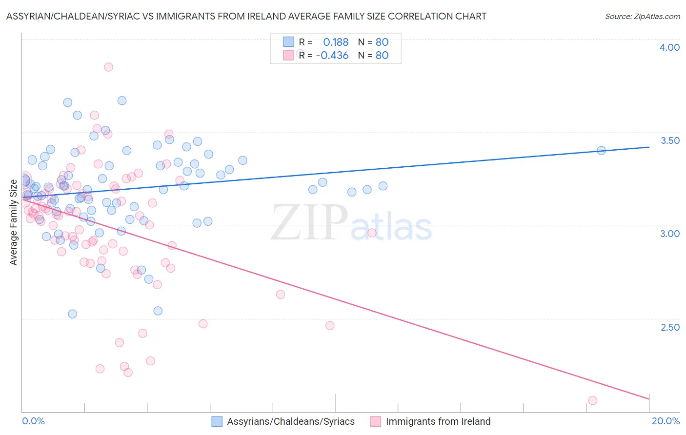 Assyrian/Chaldean/Syriac vs Immigrants from Ireland Average Family Size