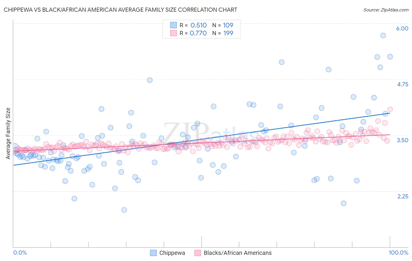 Chippewa vs Black/African American Average Family Size
