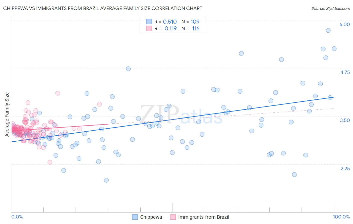 Chippewa vs Immigrants from Brazil Average Family Size