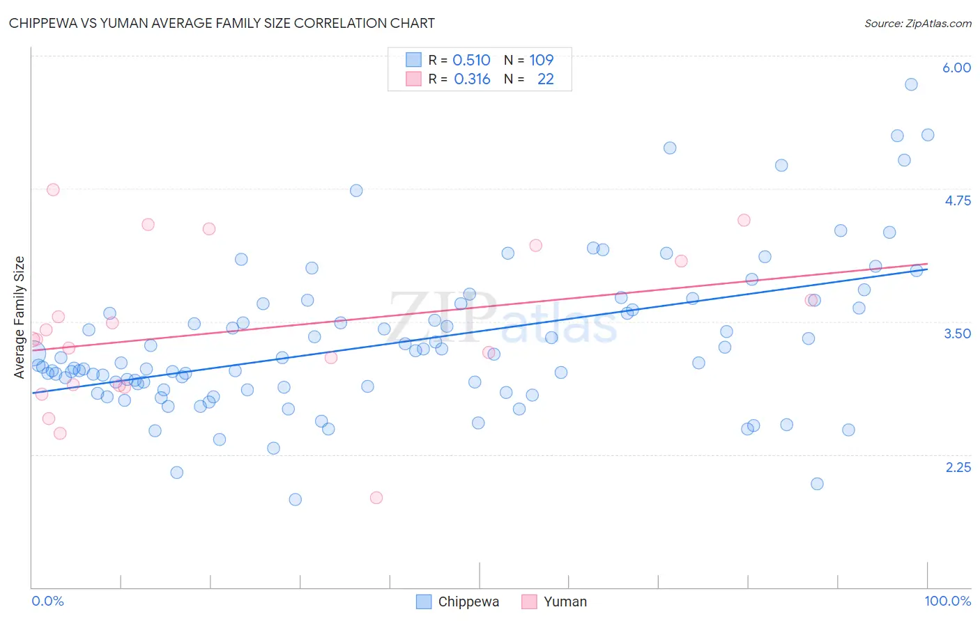 Chippewa vs Yuman Average Family Size