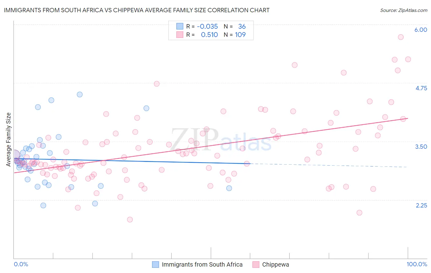 Immigrants from South Africa vs Chippewa Average Family Size