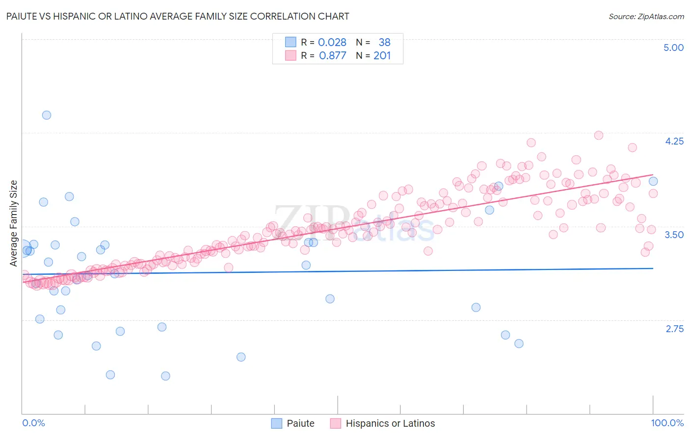 Paiute vs Hispanic or Latino Average Family Size