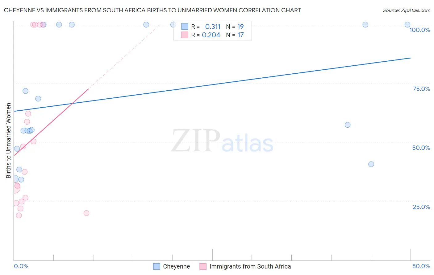 Cheyenne vs Immigrants from South Africa Births to Unmarried Women
