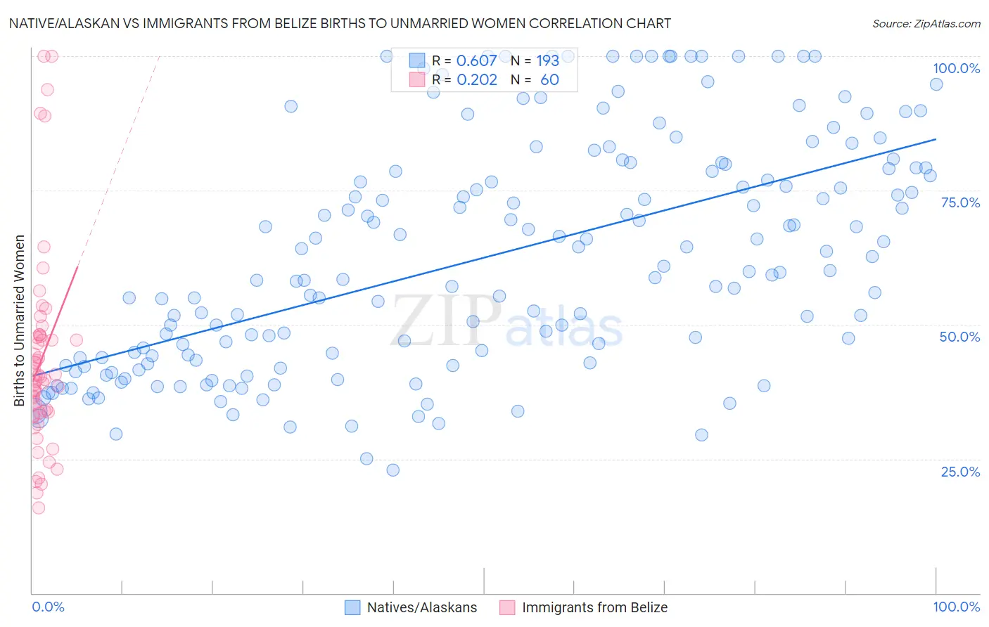 Native/Alaskan vs Immigrants from Belize Births to Unmarried Women