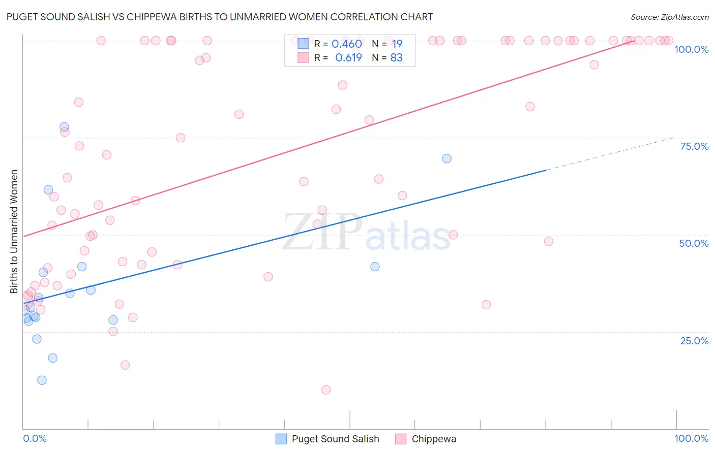 Puget Sound Salish vs Chippewa Births to Unmarried Women