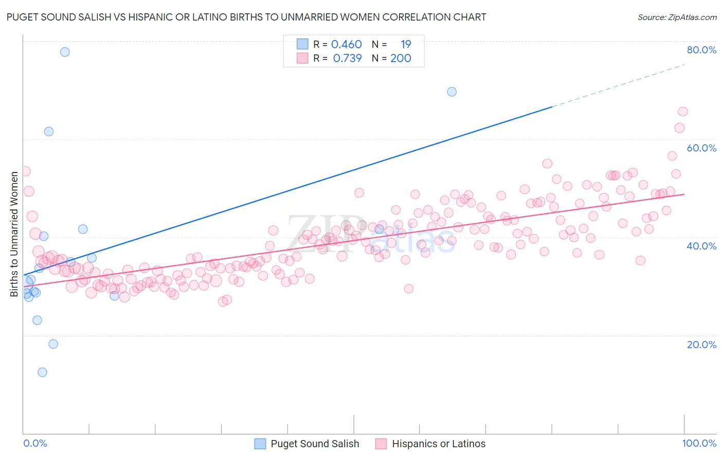 Puget Sound Salish vs Hispanic or Latino Births to Unmarried Women