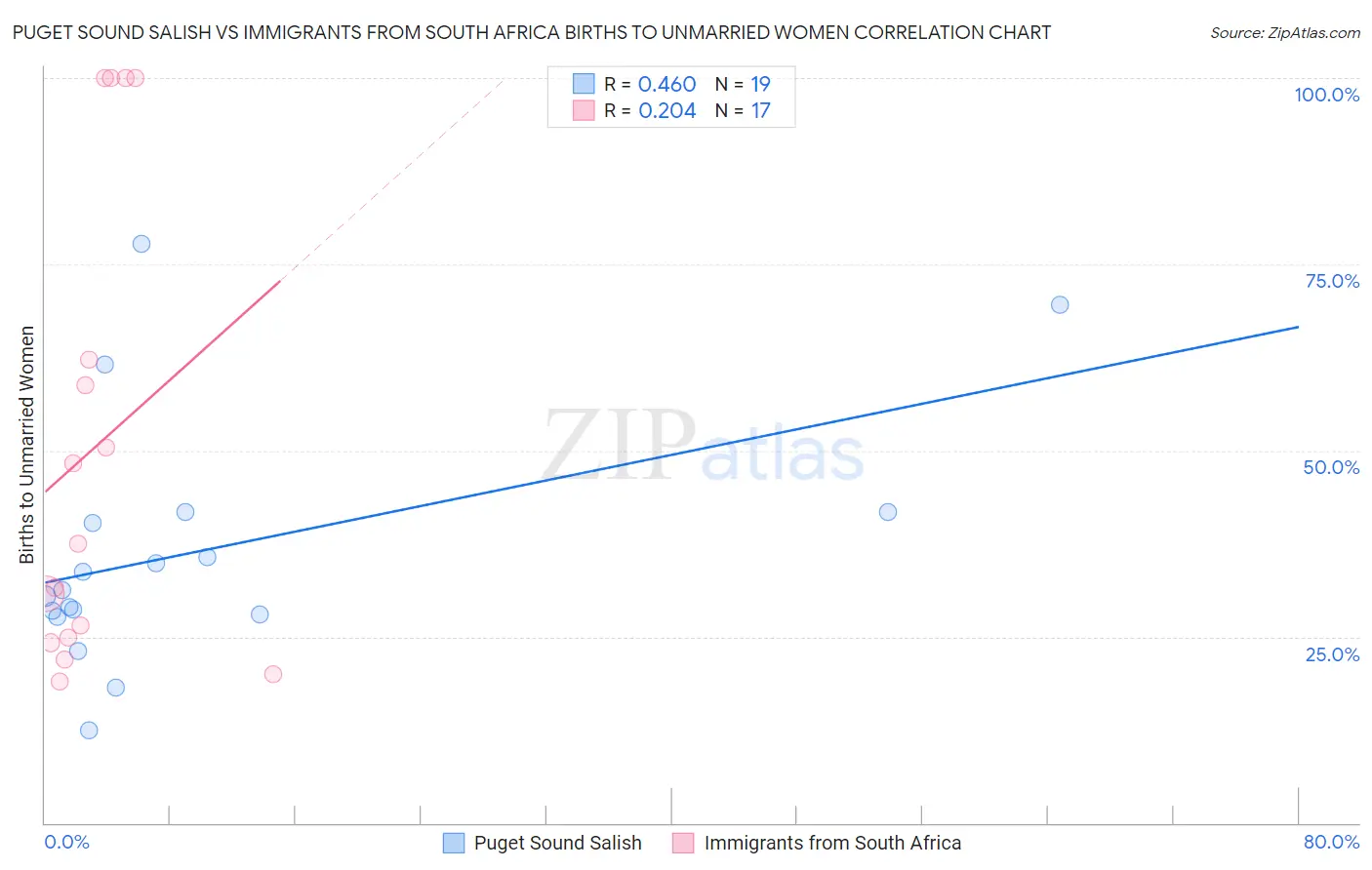 Puget Sound Salish vs Immigrants from South Africa Births to Unmarried Women