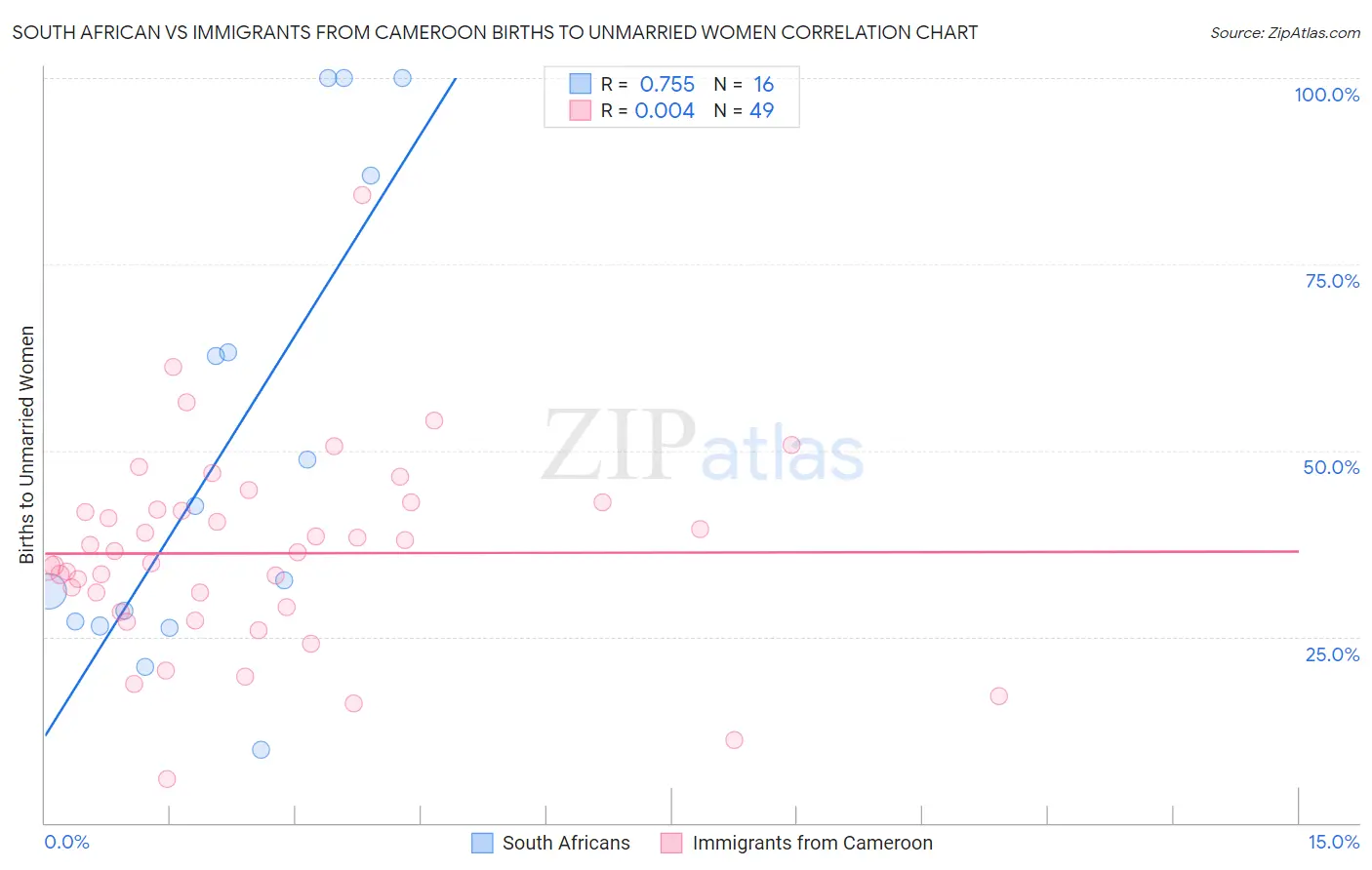 South African vs Immigrants from Cameroon Births to Unmarried Women