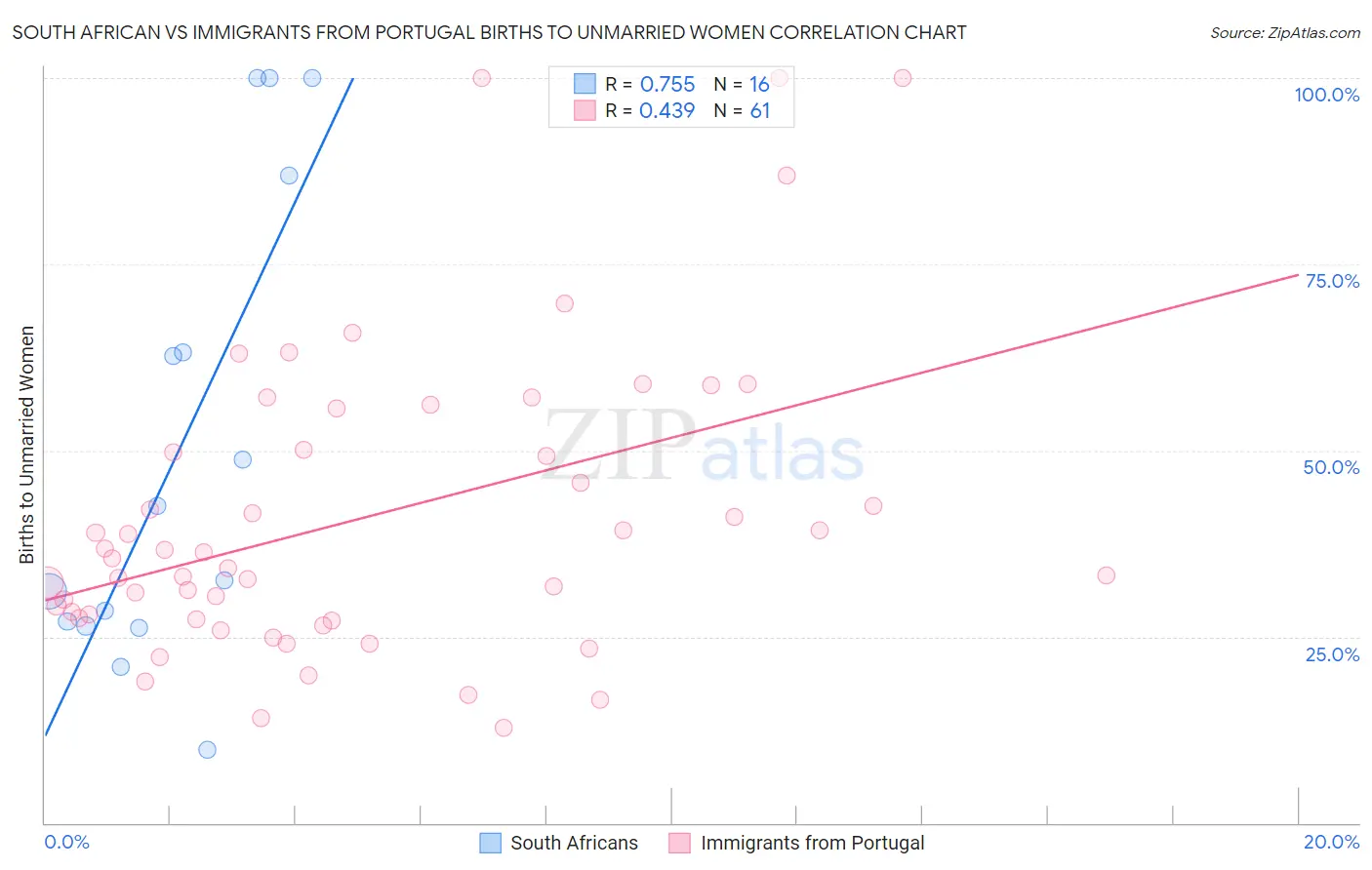 South African vs Immigrants from Portugal Births to Unmarried Women