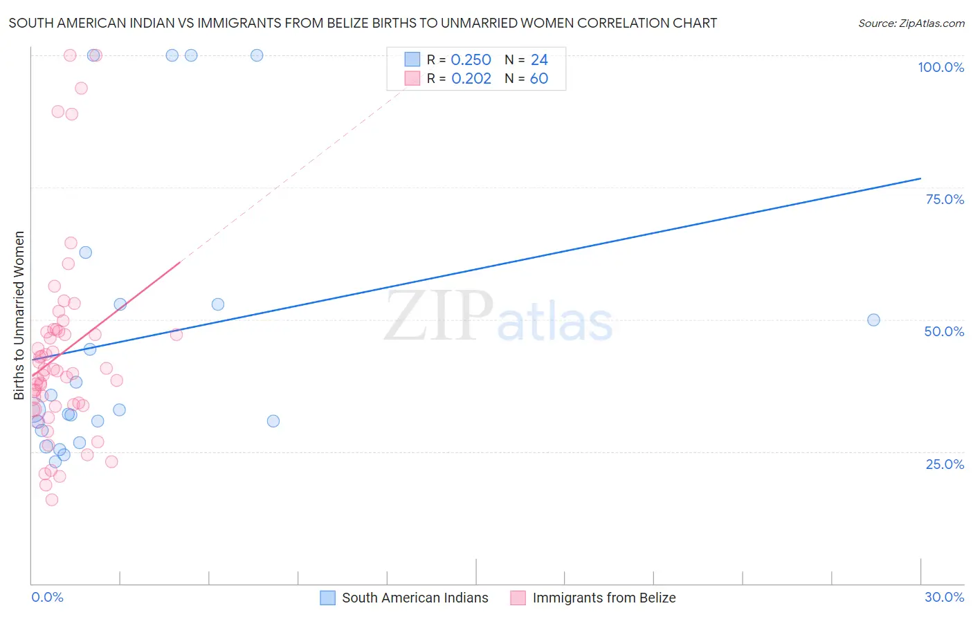 South American Indian vs Immigrants from Belize Births to Unmarried Women