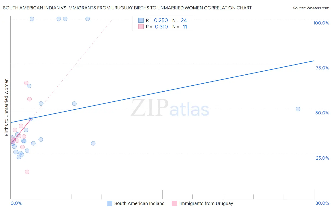 South American Indian vs Immigrants from Uruguay Births to Unmarried Women