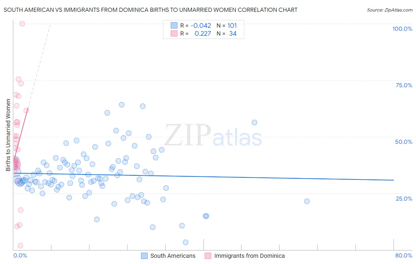 South American vs Immigrants from Dominica Births to Unmarried Women