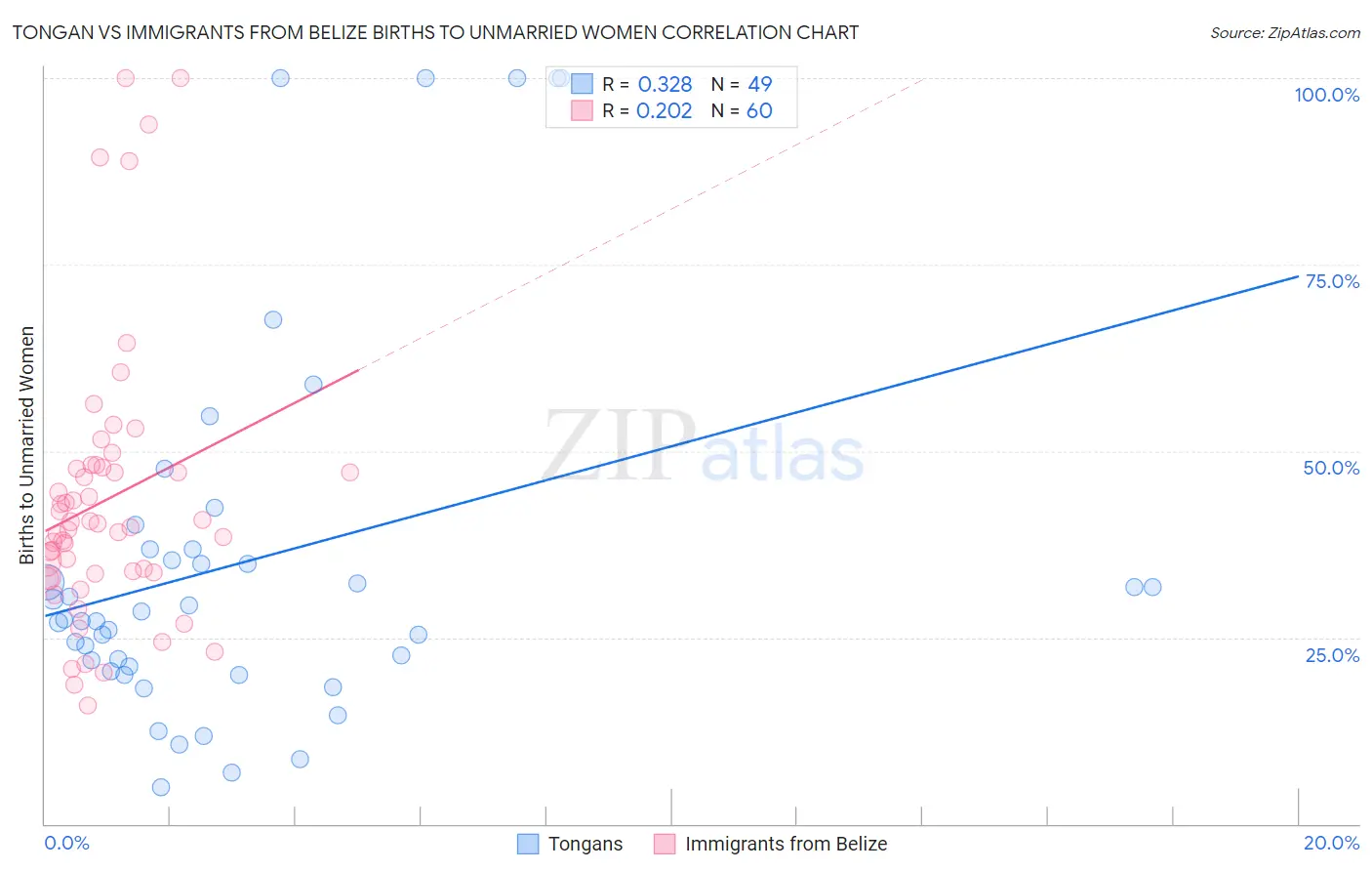 Tongan vs Immigrants from Belize Births to Unmarried Women