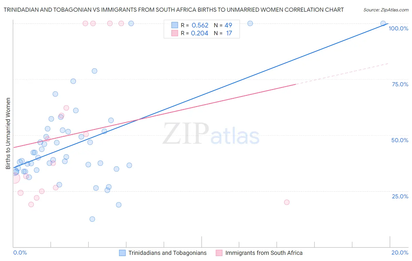 Trinidadian and Tobagonian vs Immigrants from South Africa Births to Unmarried Women