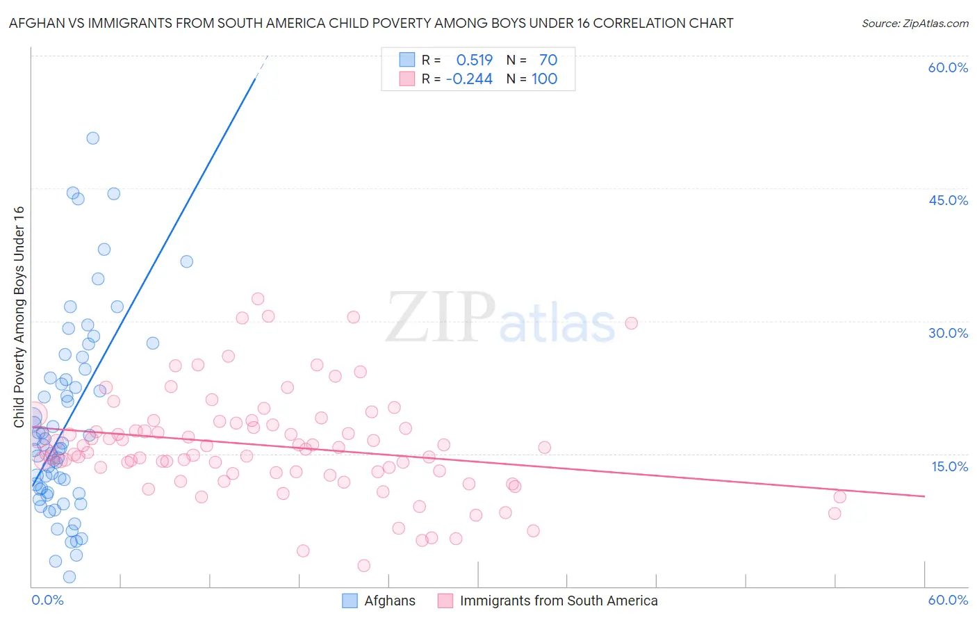 Afghan vs Immigrants from South America Child Poverty Among Boys Under 16