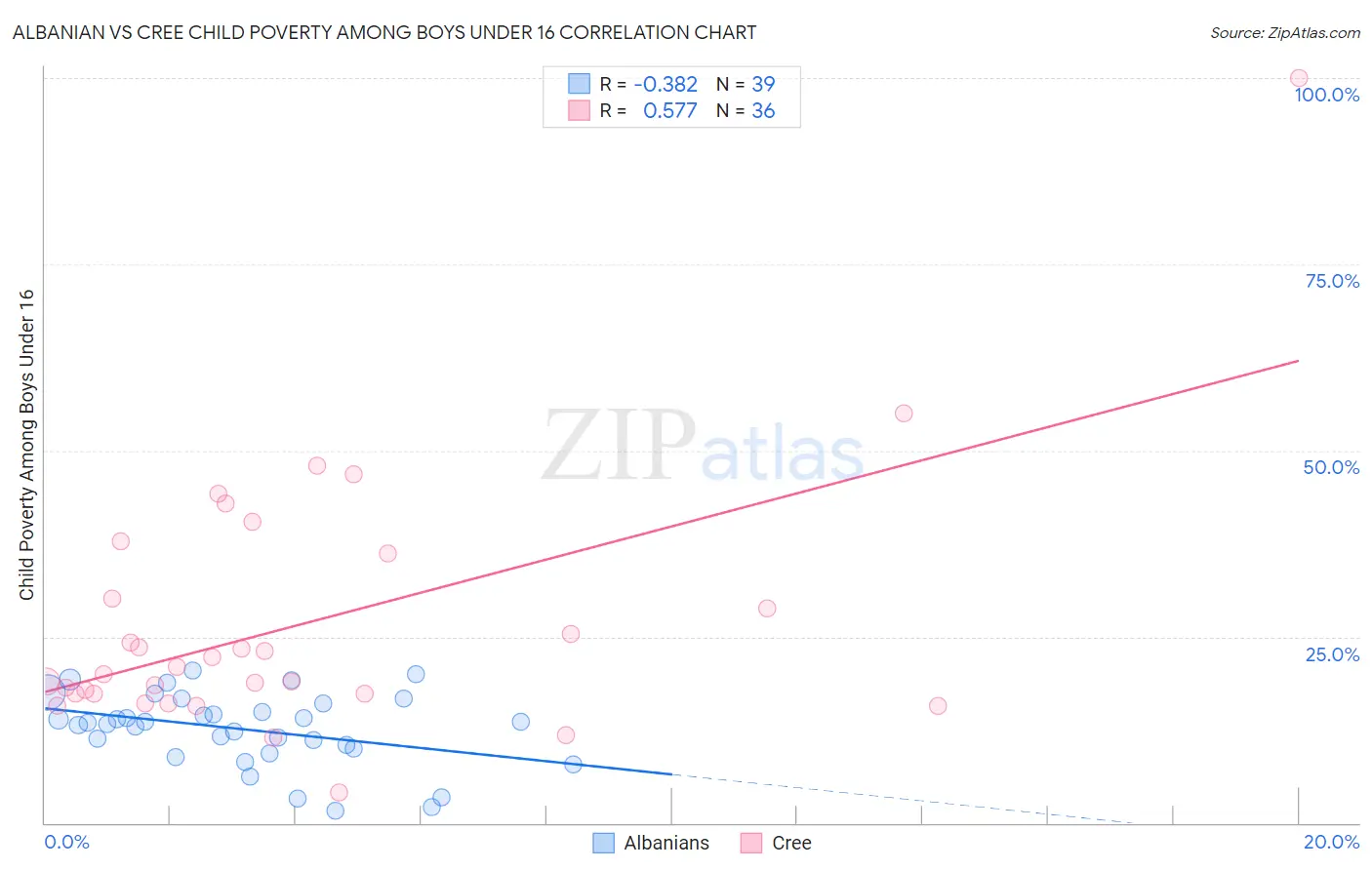 Albanian vs Cree Child Poverty Among Boys Under 16