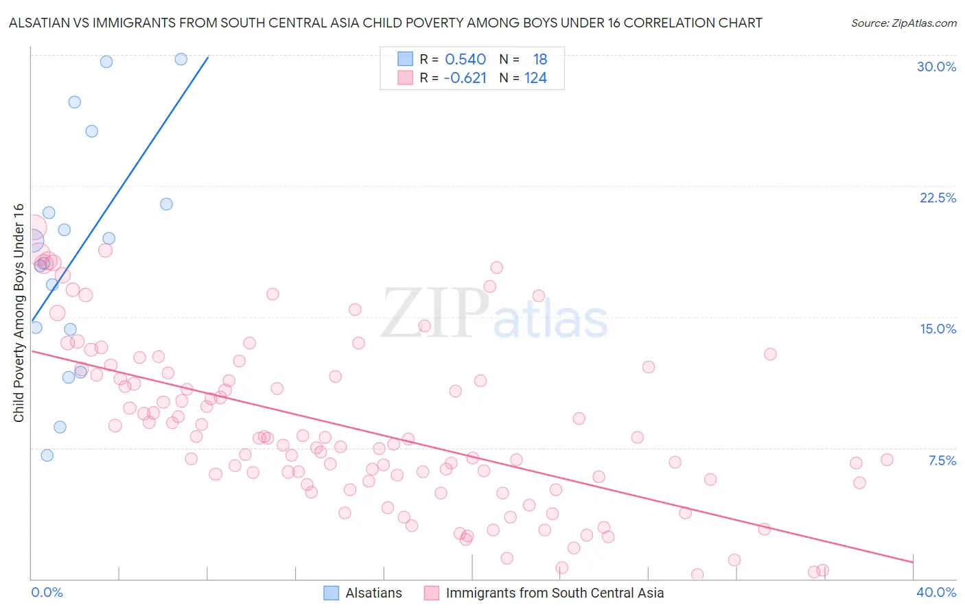 Alsatian vs Immigrants from South Central Asia Child Poverty Among Boys Under 16