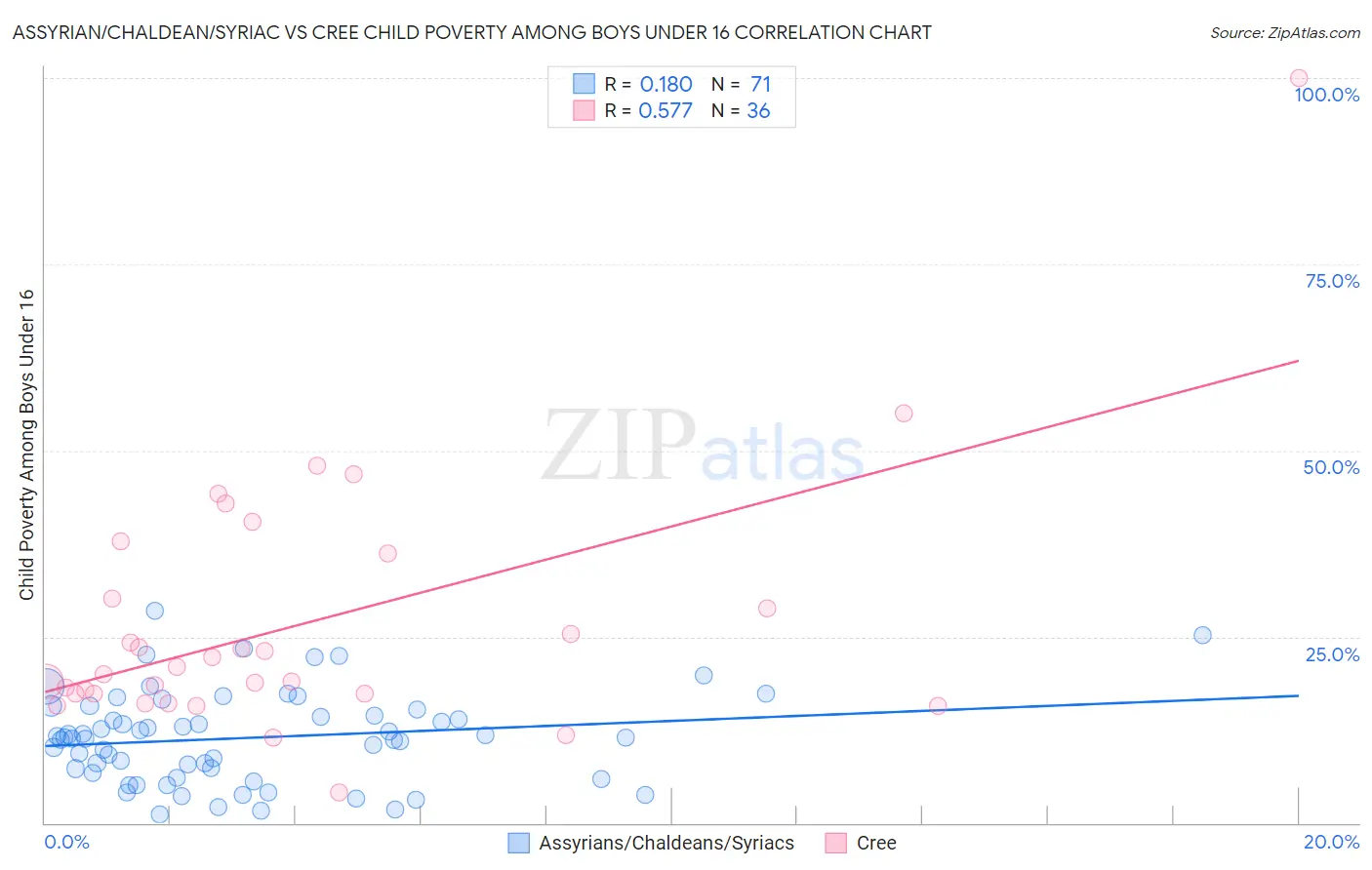 Assyrian/Chaldean/Syriac vs Cree Child Poverty Among Boys Under 16