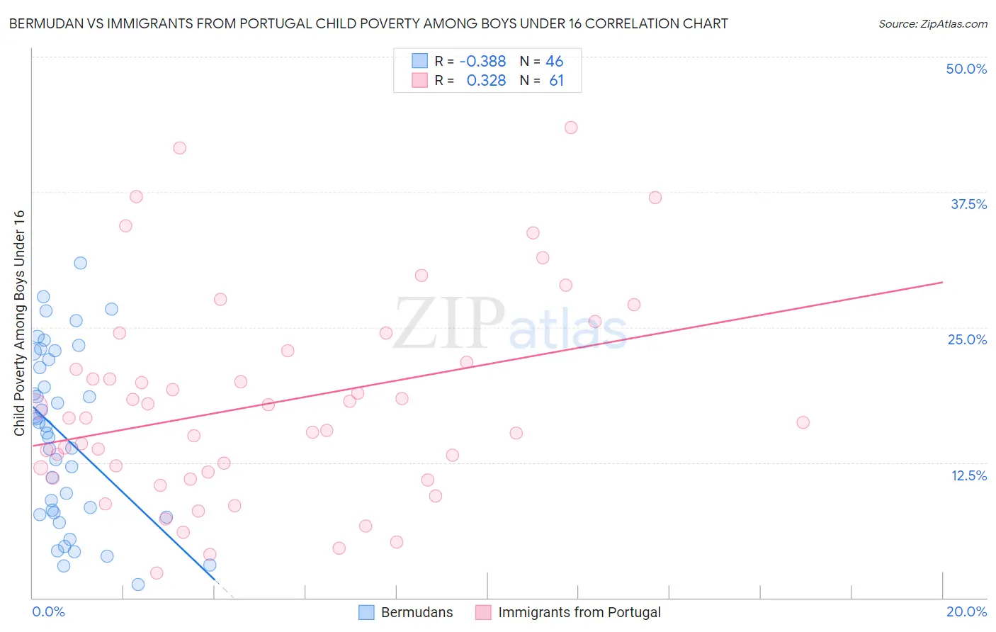 Bermudan vs Immigrants from Portugal Child Poverty Among Boys Under 16