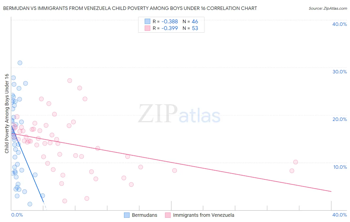 Bermudan vs Immigrants from Venezuela Child Poverty Among Boys Under 16