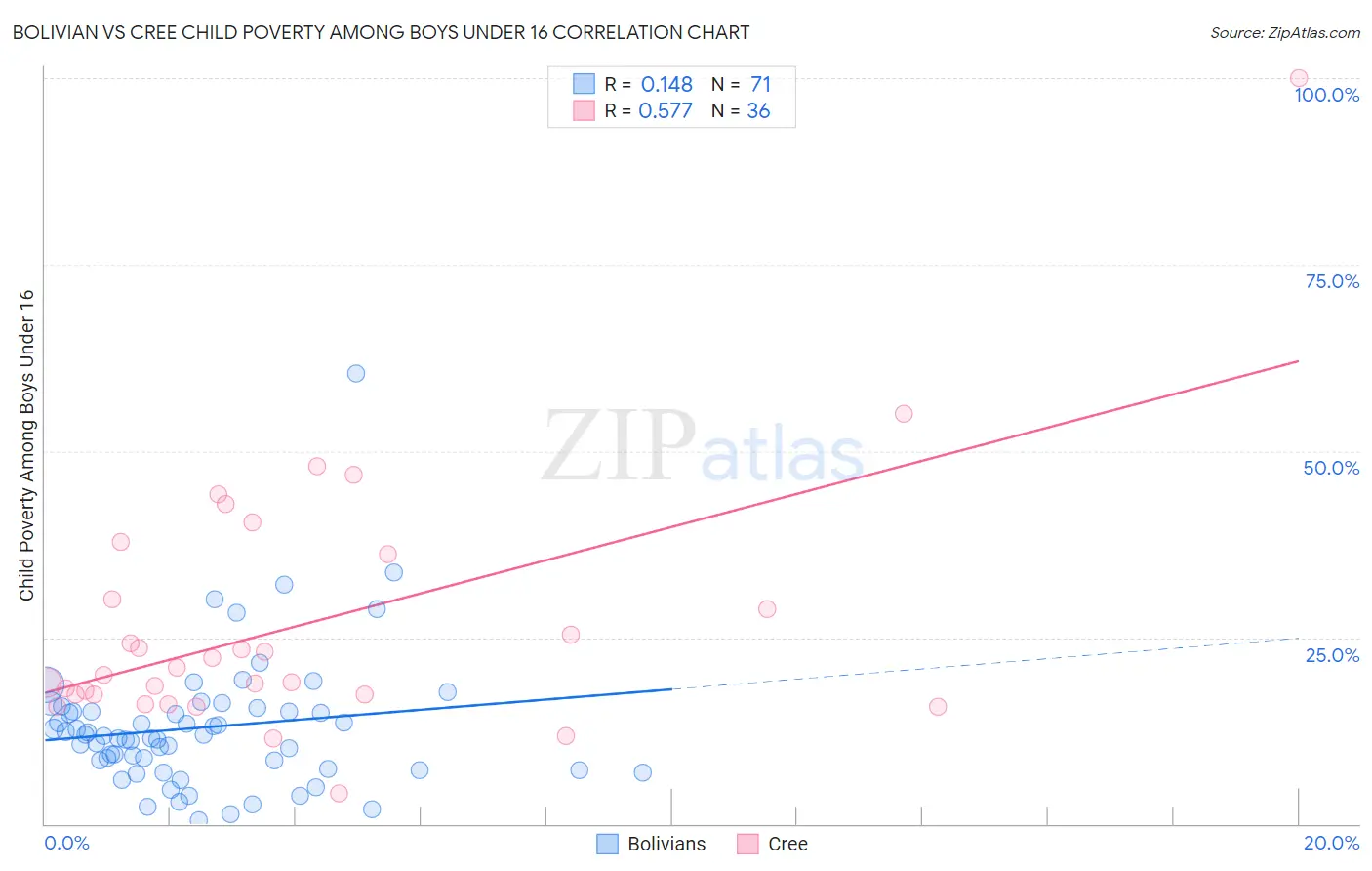 Bolivian vs Cree Child Poverty Among Boys Under 16