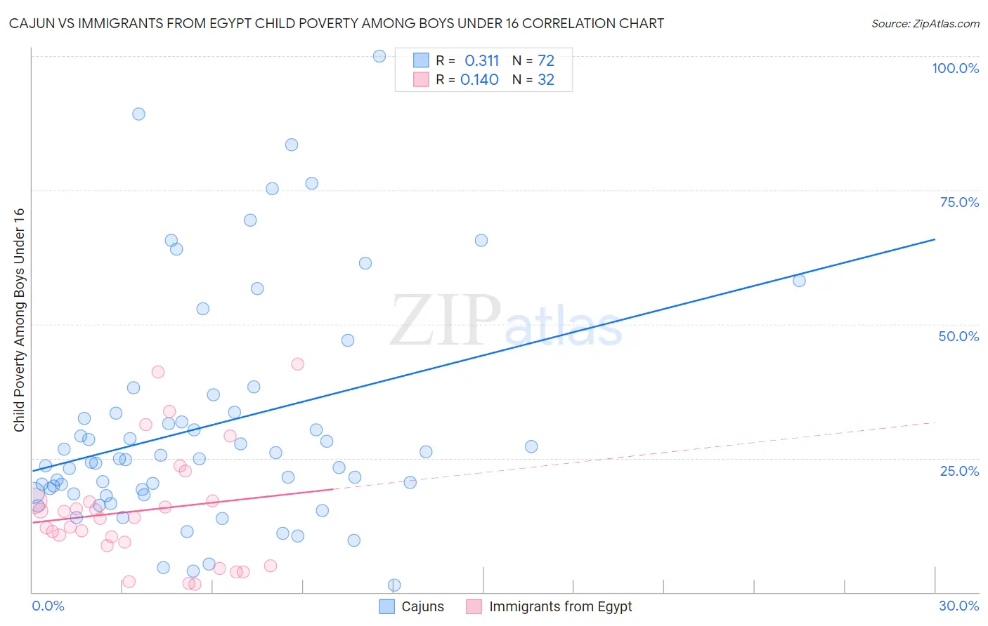 Cajun vs Immigrants from Egypt Child Poverty Among Boys Under 16