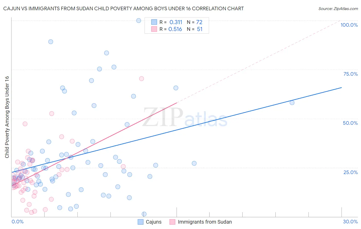 Cajun vs Immigrants from Sudan Child Poverty Among Boys Under 16