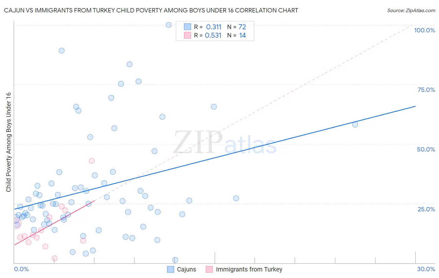 Cajun vs Immigrants from Turkey Child Poverty Among Boys Under 16