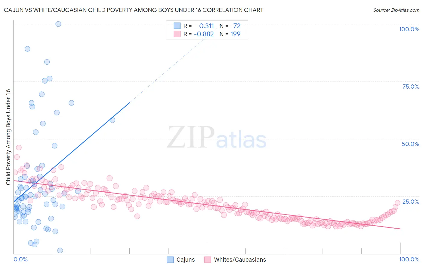 Cajun vs White/Caucasian Child Poverty Among Boys Under 16
