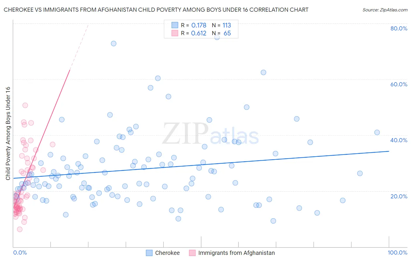 Cherokee vs Immigrants from Afghanistan Child Poverty Among Boys Under 16