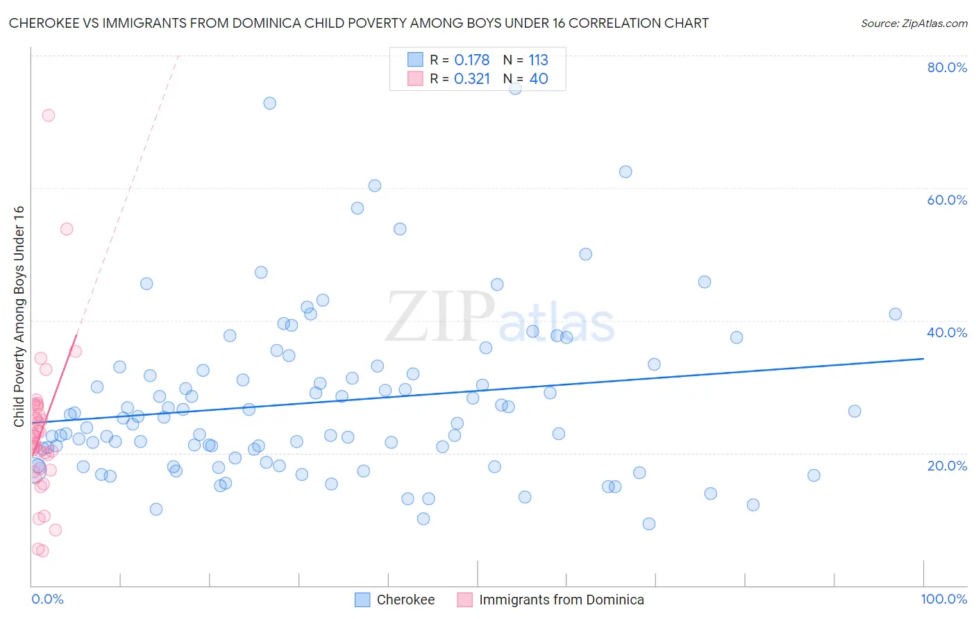 Cherokee vs Immigrants from Dominica Child Poverty Among Boys Under 16