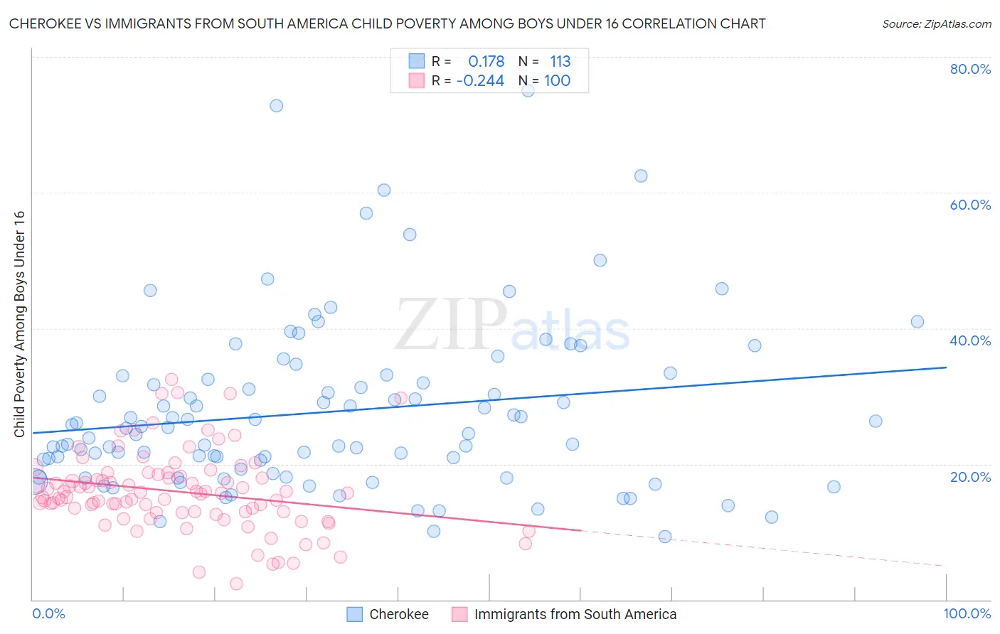 Cherokee vs Immigrants from South America Child Poverty Among Boys Under 16