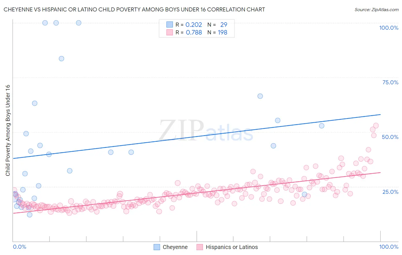 Cheyenne vs Hispanic or Latino Child Poverty Among Boys Under 16