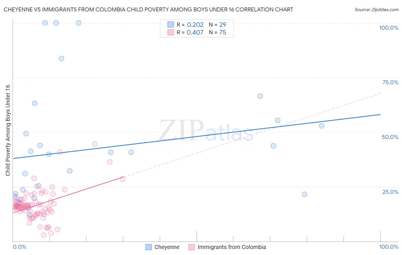 Cheyenne vs Immigrants from Colombia Child Poverty Among Boys Under 16