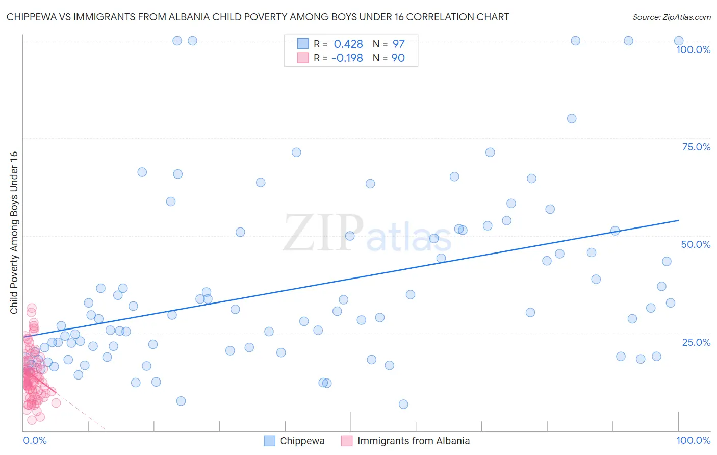 Chippewa vs Immigrants from Albania Child Poverty Among Boys Under 16