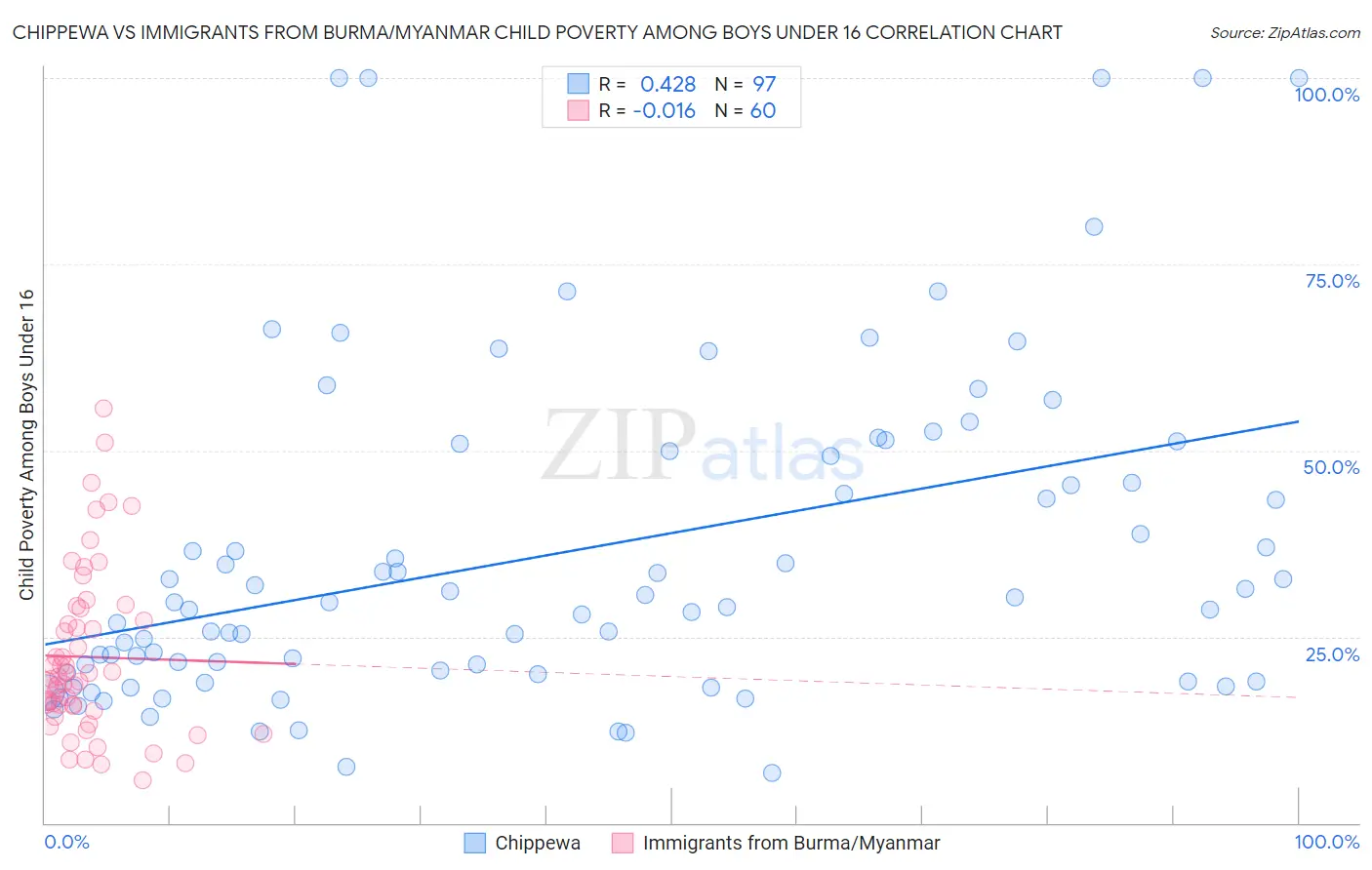 Chippewa vs Immigrants from Burma/Myanmar Child Poverty Among Boys Under 16