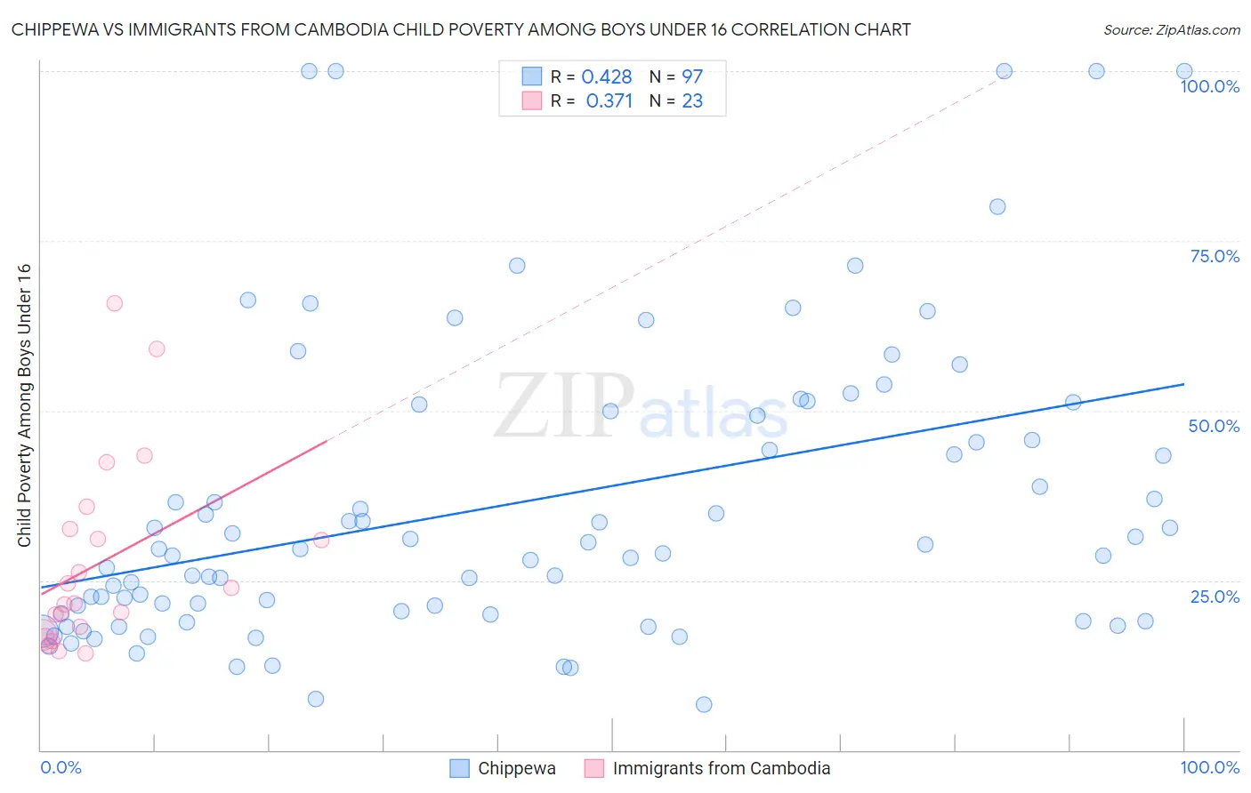 Chippewa vs Immigrants from Cambodia Child Poverty Among Boys Under 16