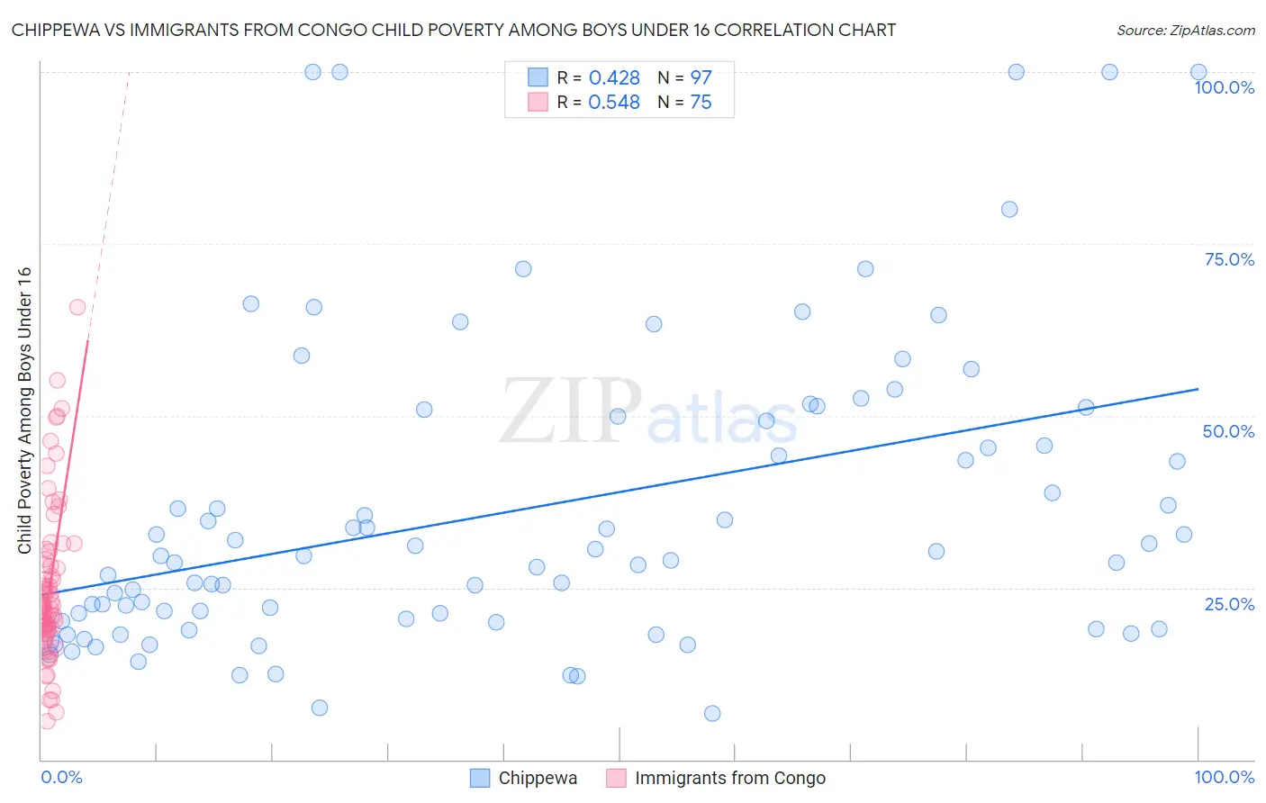 Chippewa vs Immigrants from Congo Child Poverty Among Boys Under 16
