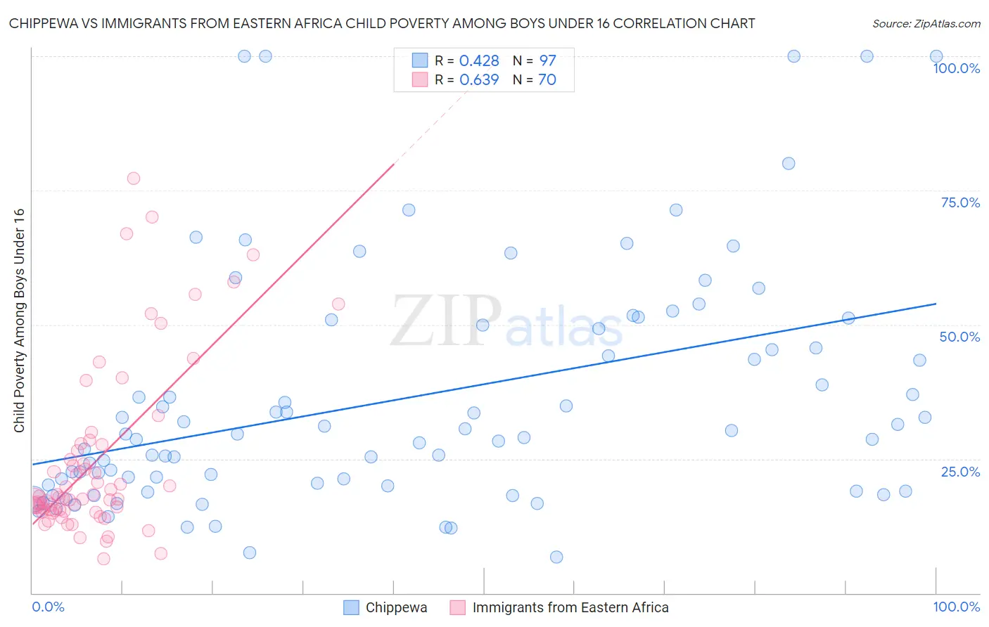 Chippewa vs Immigrants from Eastern Africa Child Poverty Among Boys Under 16