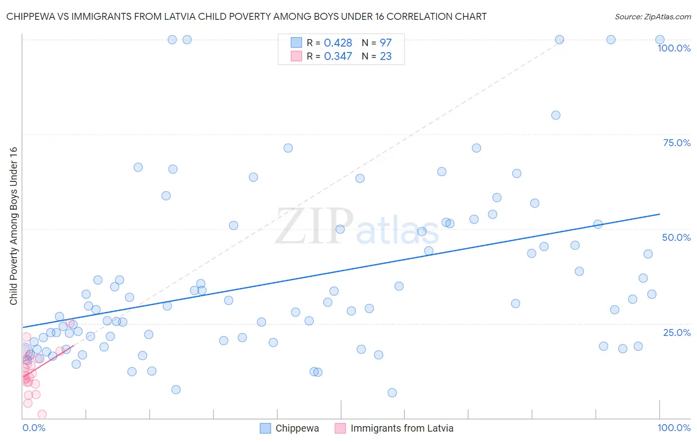 Chippewa vs Immigrants from Latvia Child Poverty Among Boys Under 16