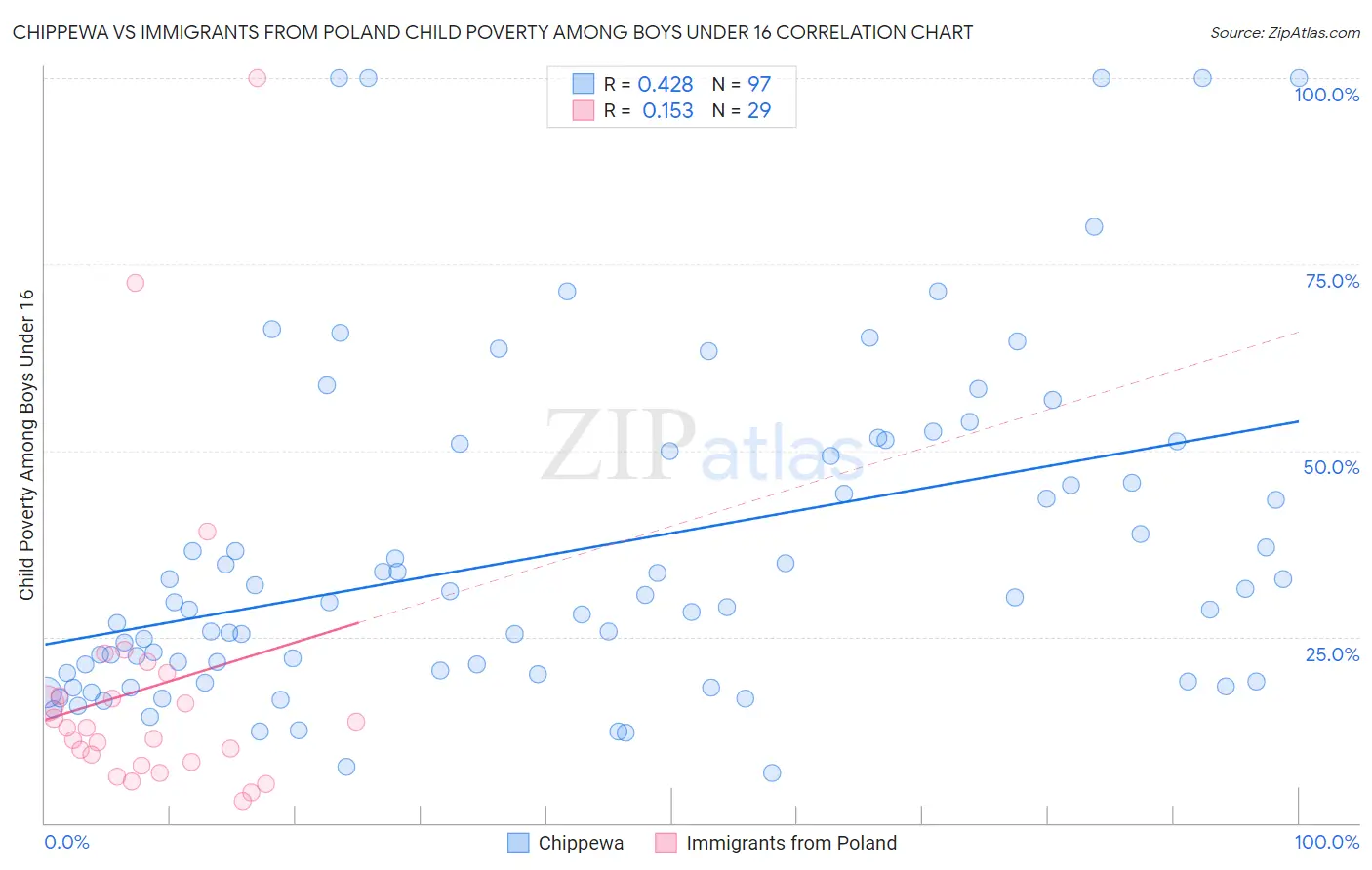 Chippewa vs Immigrants from Poland Child Poverty Among Boys Under 16