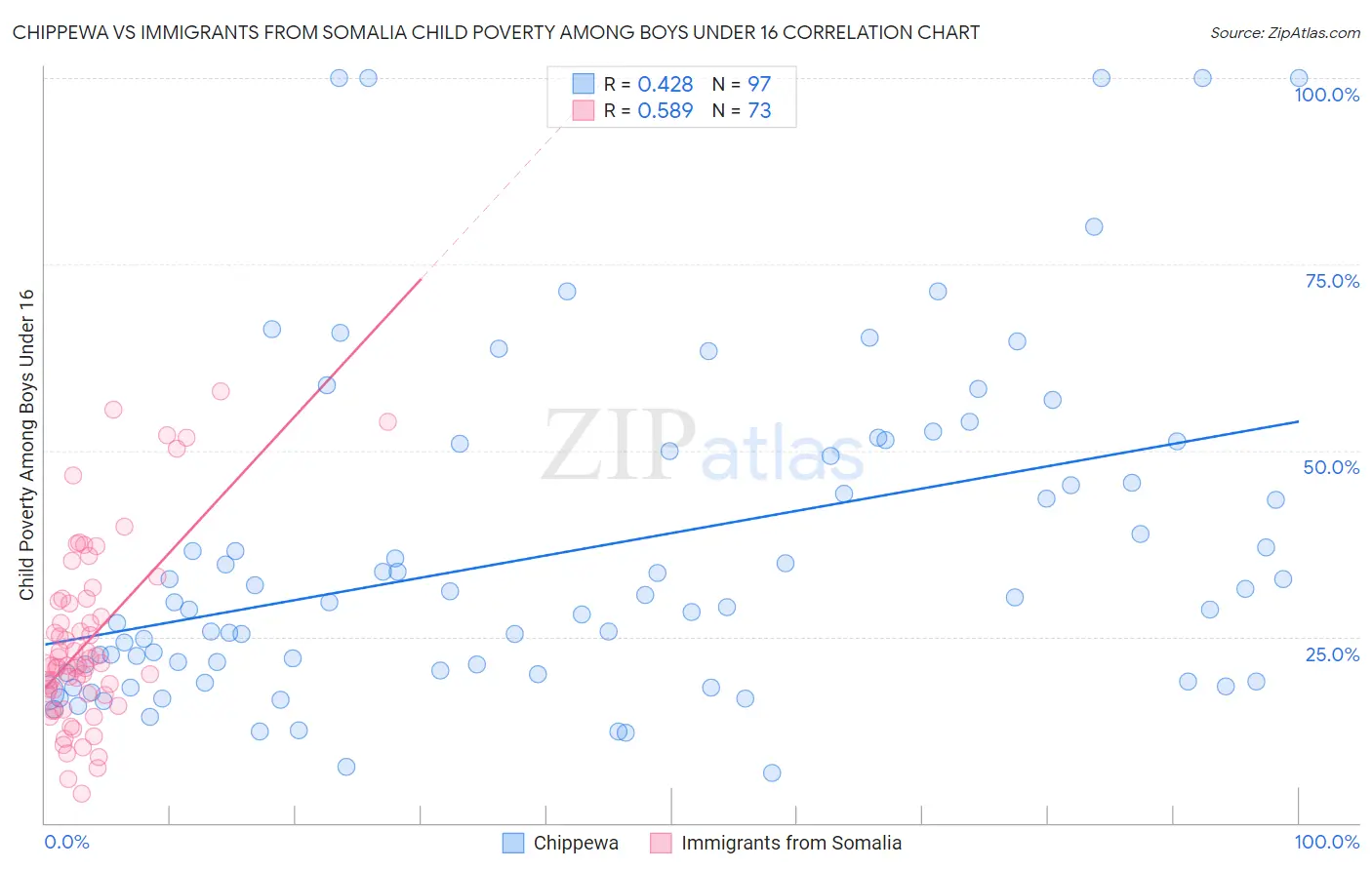 Chippewa vs Immigrants from Somalia Child Poverty Among Boys Under 16