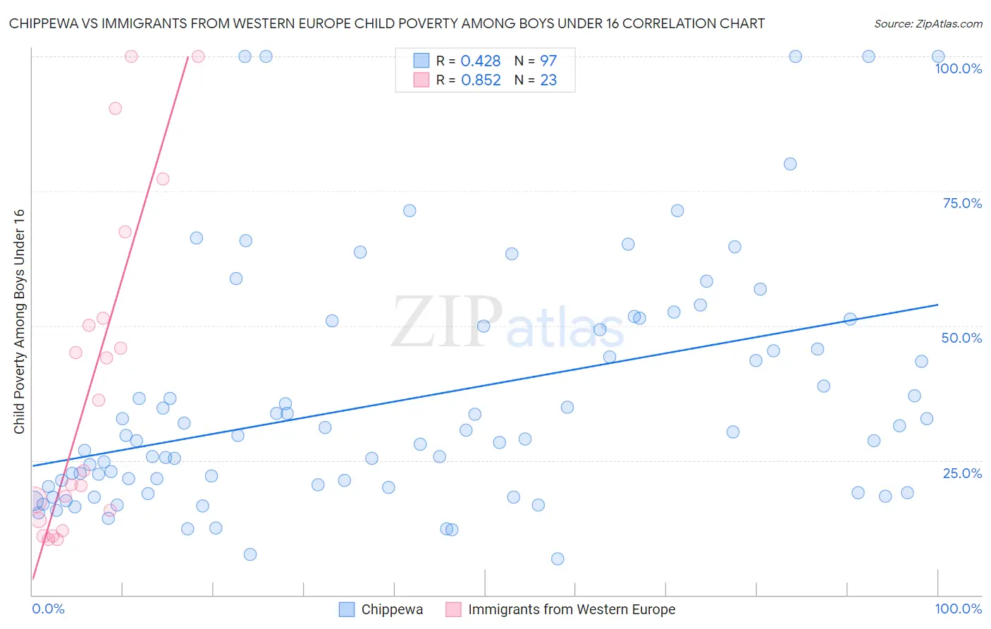 Chippewa vs Immigrants from Western Europe Child Poverty Among Boys Under 16