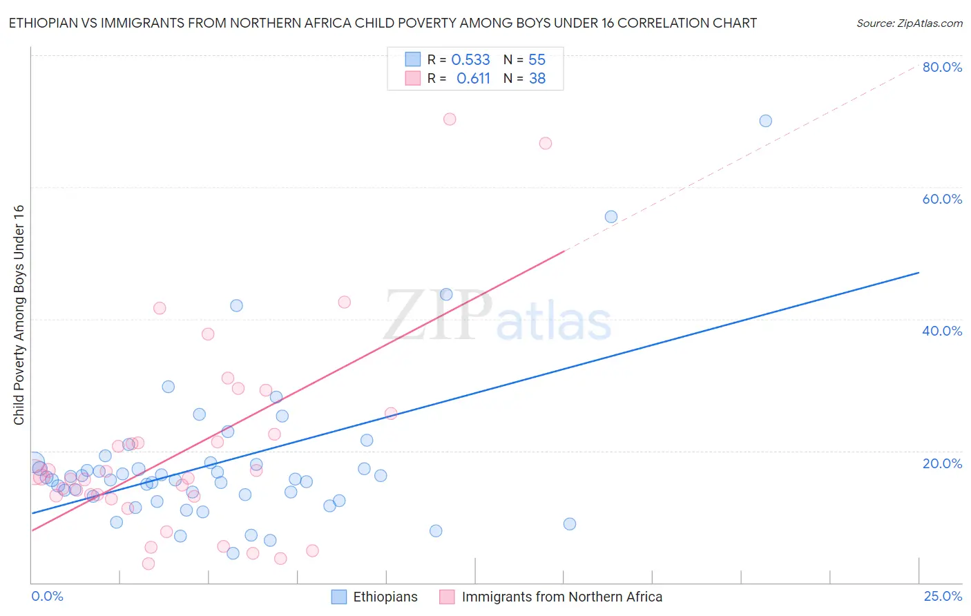 Ethiopian vs Immigrants from Northern Africa Child Poverty Among Boys Under 16